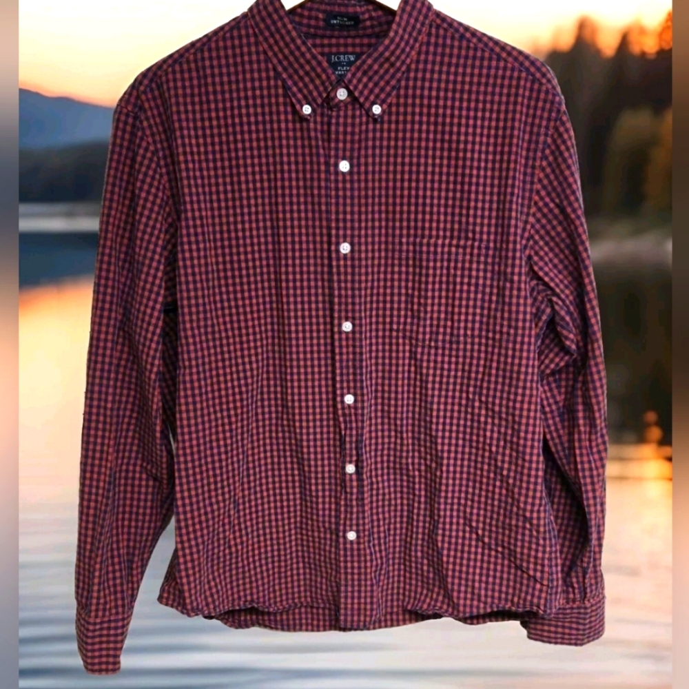 J.Crew Men's Button Down Plaid Shirt Red Size XL Flex Washed Long Sleeve